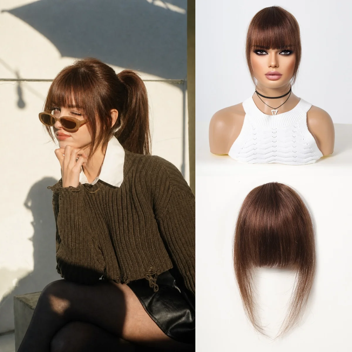 Real Human Hair Clip In Bangs for Women 100% Human Hair Clip In Air Bangs Brown French Bangs Fringe Hairpiece with Long Side