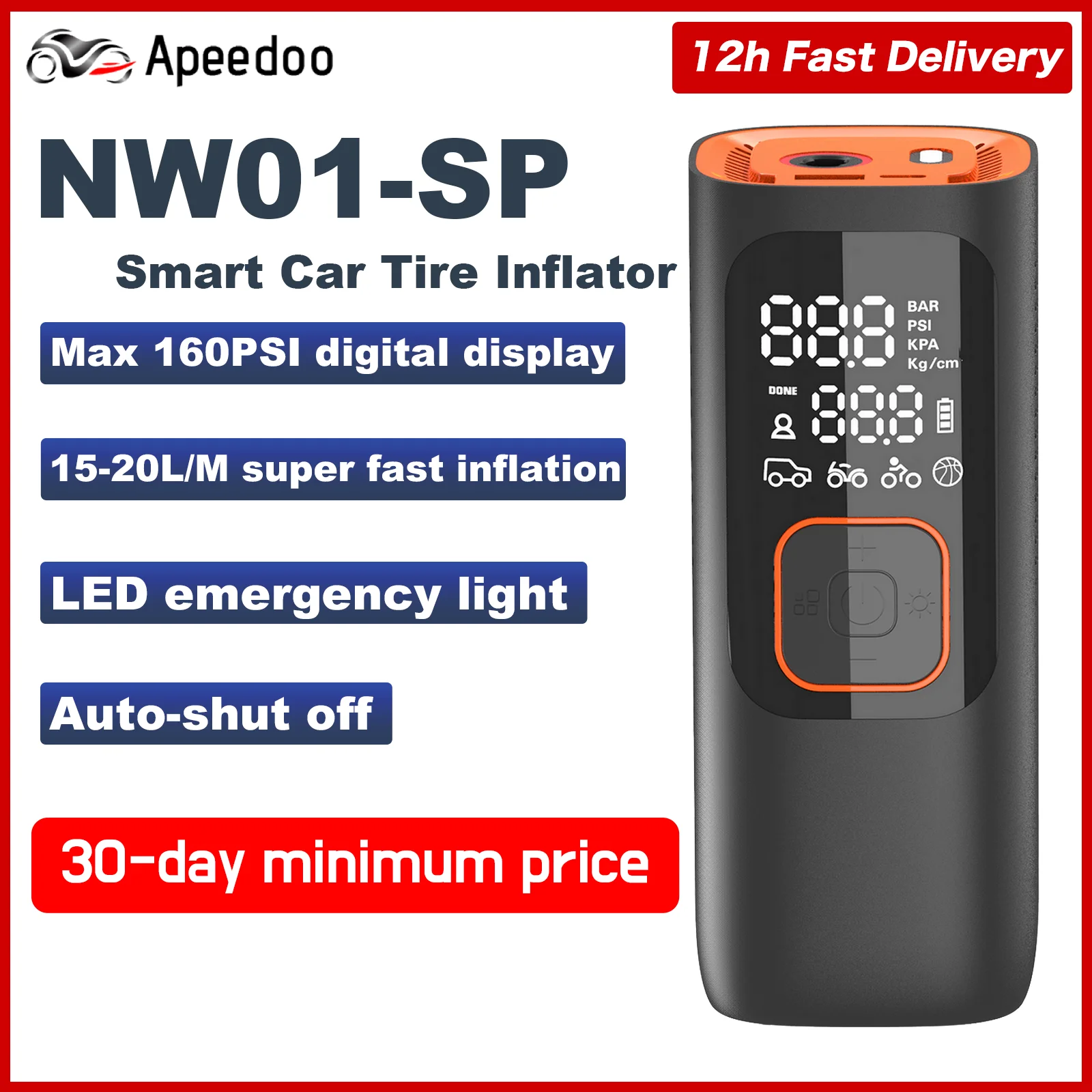 

Apeedoo Tire Inflator Portable Air Compressor Accurate Pressure LCD Display CordlessAir Pump for Car Motorcycle E-Bike Ball