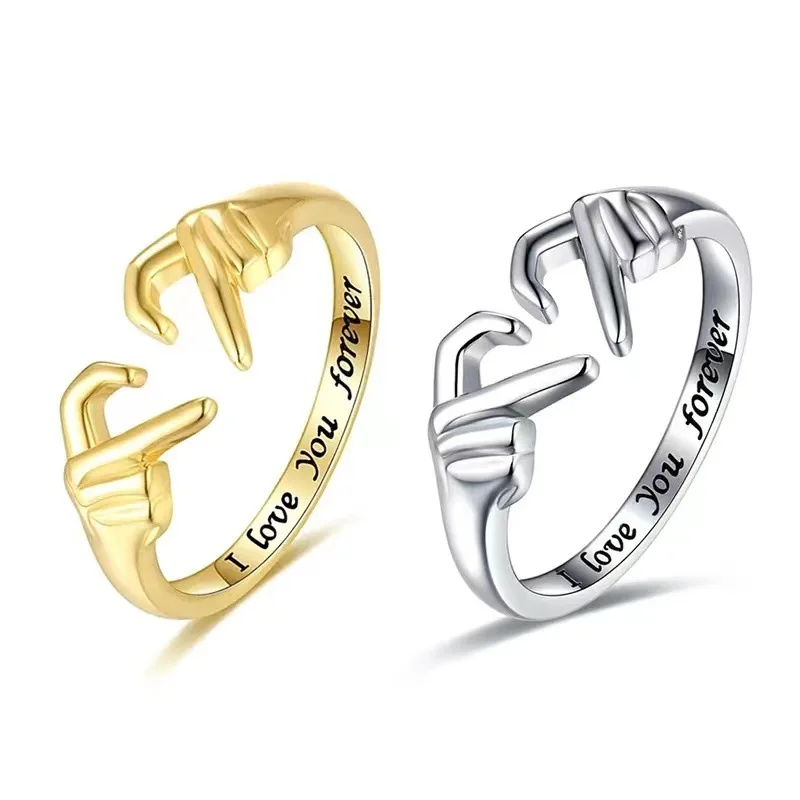 Promise Two Hands Love Heart Couple Ring for Women Romantic I Love You Forever Carved Lettering Ring Unique Friendship Jewelry