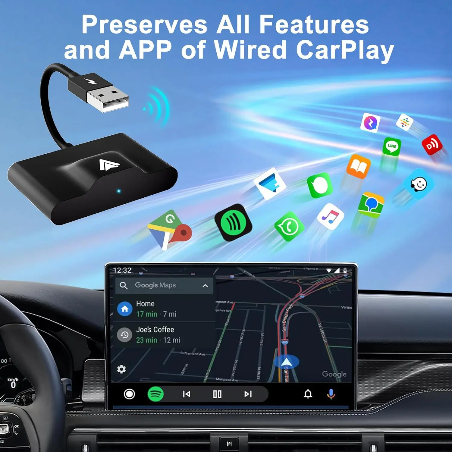 Android Auto Wireless Adapter for Wired Android Auto Cars, Plug & Play for Easy Setup,Converts Wired Android Auto to Wireless