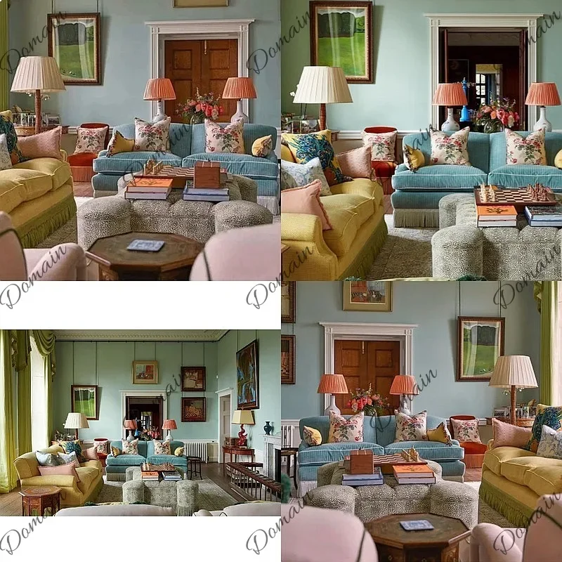 BJ French Retro Velvet Sofa With Tassel, Blue Yellow Living Room Sofa Set, Detachable Washable Villa Sofa