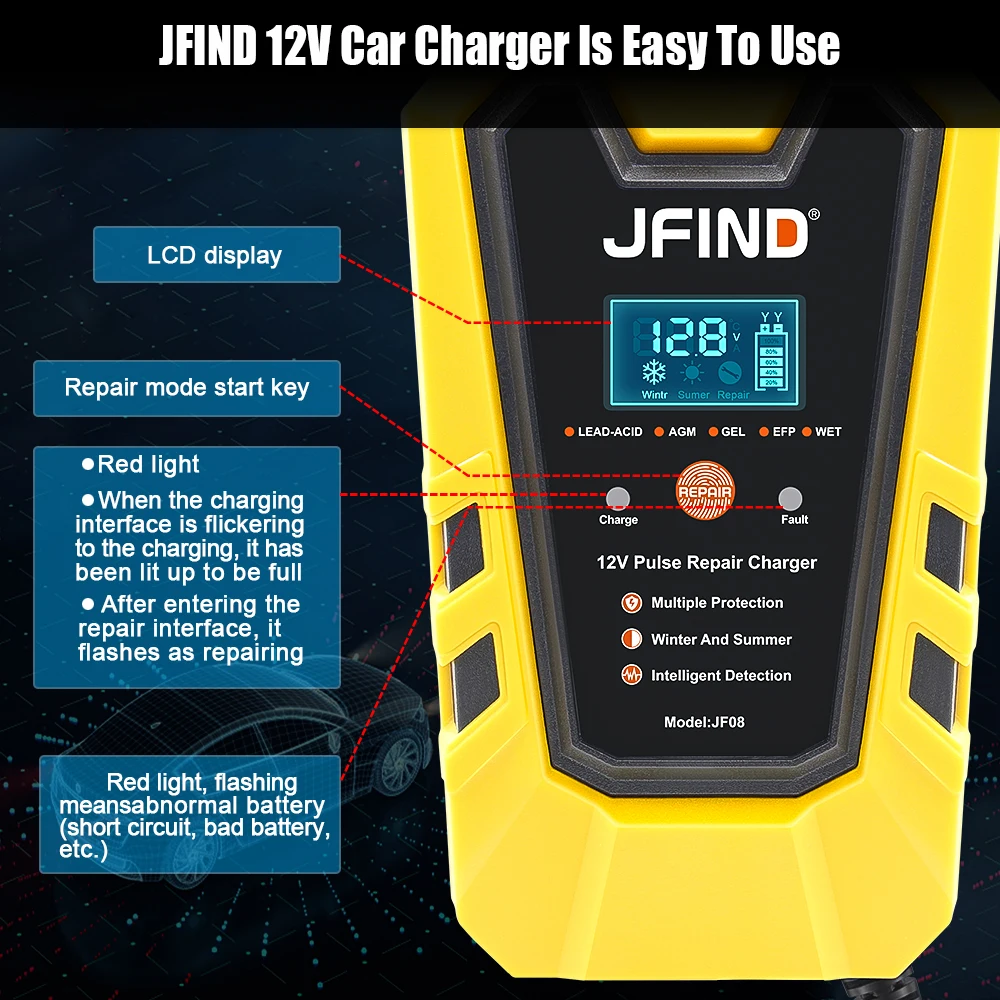 Jfind-cargador de batería de litio de plomo-ácido para coche, probador de batería con pantalla LCD, carga rápida, 12V, 6A, JF08