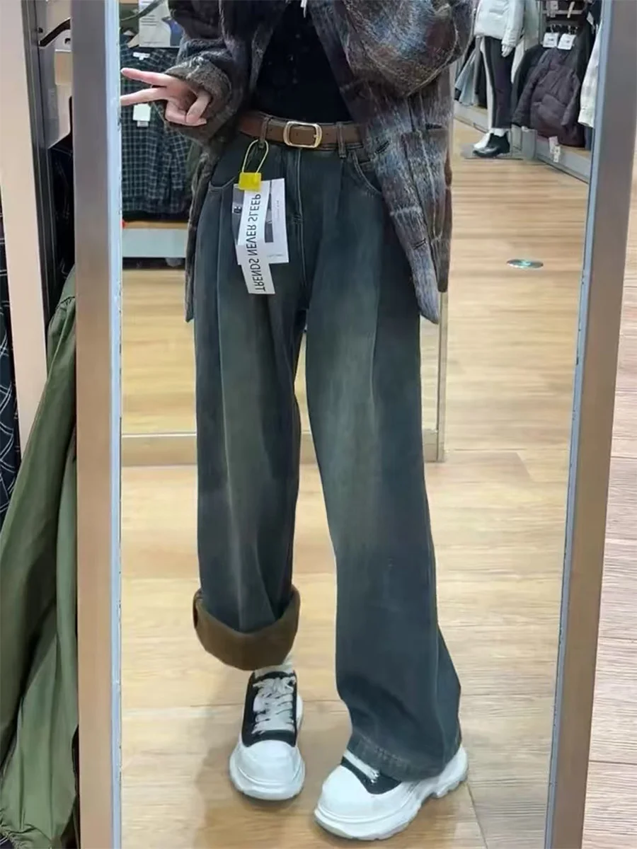 

plus Size Fleece Lined Thick Denim Pants Women High Waist Straight Leg Wide Leg Floor Length Trousers Winter Loose Fit Jeans