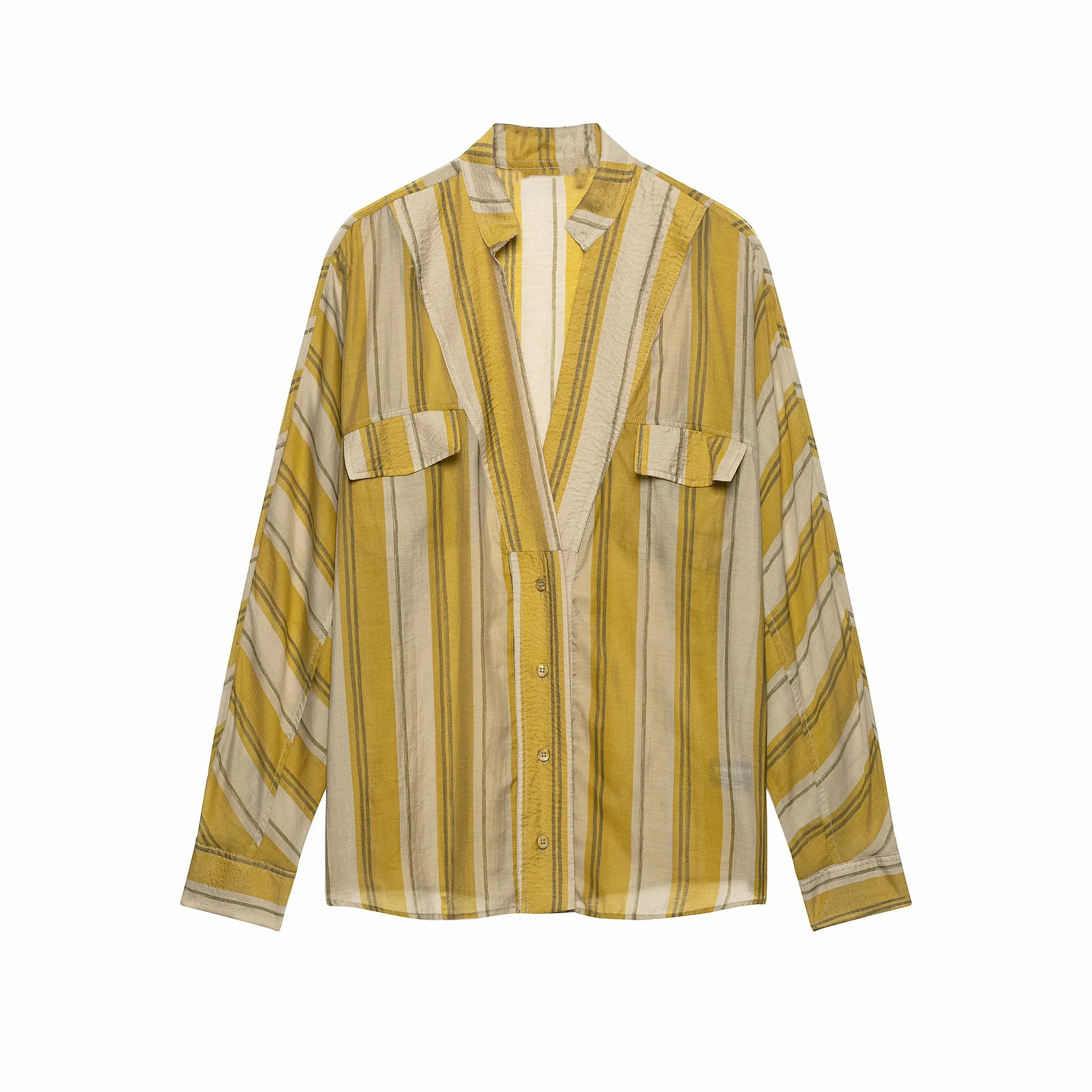 Autumn Yellow Vertical Stripes Print V neck Long Sleeve Shirt Front Pockets Single-breasted Buttons Loose Casual Blouse Tops