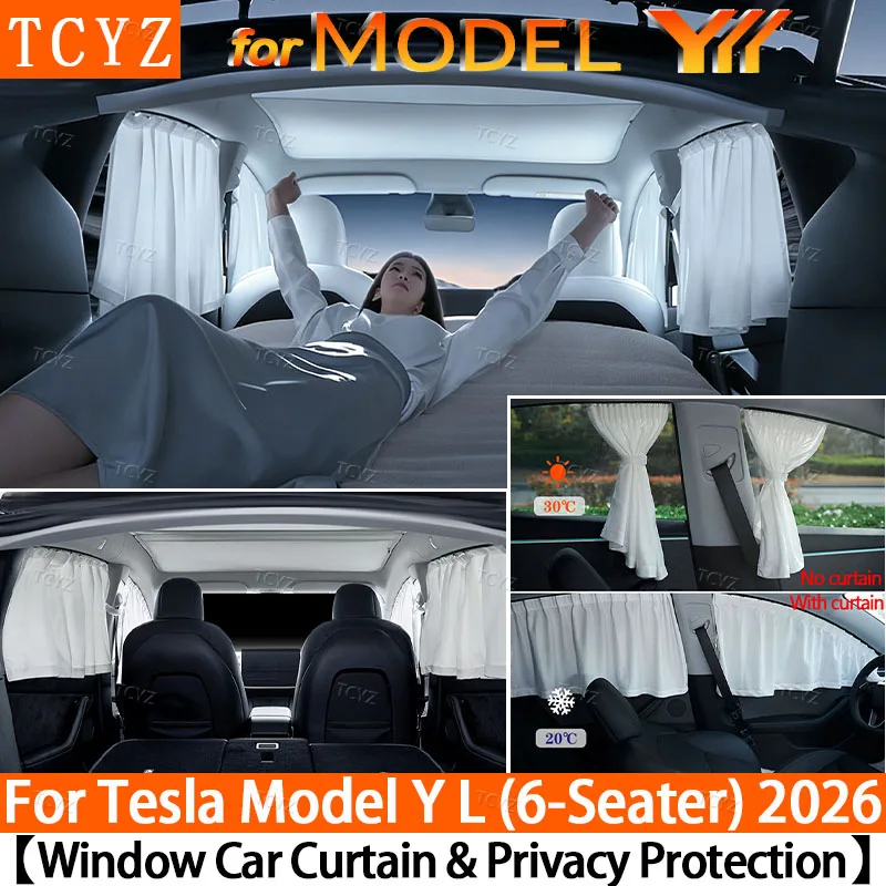 For Tesla Model Y L 2026 6-Seats Ice Crystal Car Curtain Side Window Privacy Sunshade&Front Rear Windshield SideSun Shade Cover