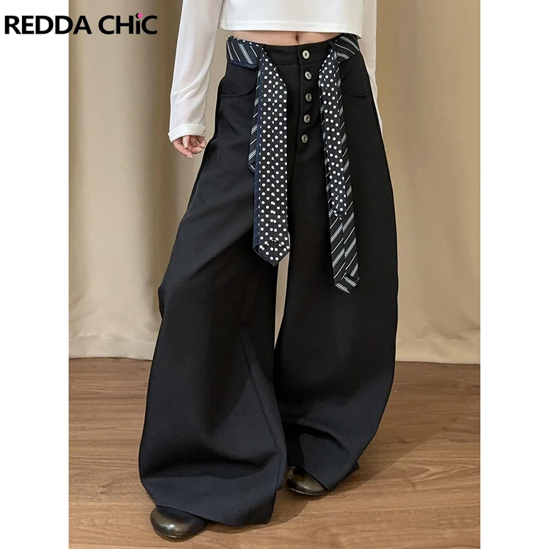 ReddaChic Pantalones de vestir de pierna ancha para mujer con bolsillos con lazo Pantalones palazzo con detalle de botones sueltos e informales para uso diario en la oficina