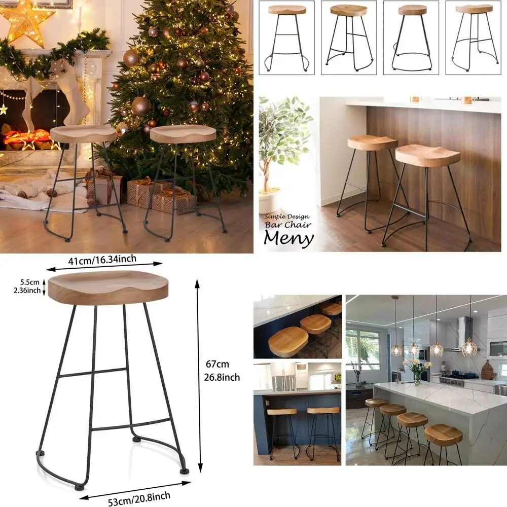 Par de cadeiras de bar americanas de inspiração vintage, bancos de madeira de estilo contemporâneo, cadeiras de jantar altas modernas de meados do século