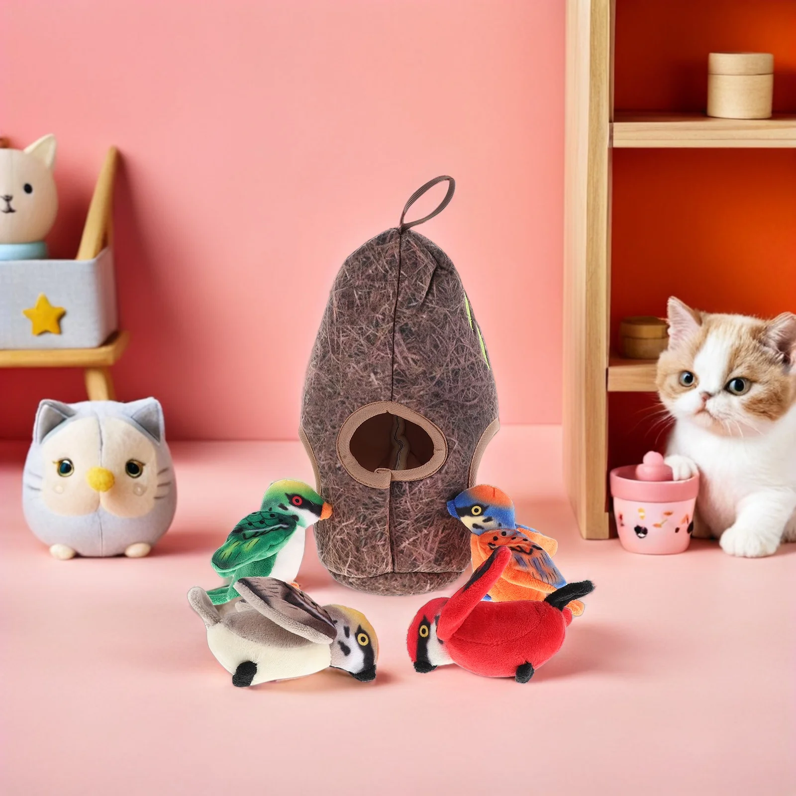 

1Set Pet Cat Nest Set Bird Simulation Cat Activity Center Squeaky Interactive Plaything for Indoor Cats Mental Stimulation