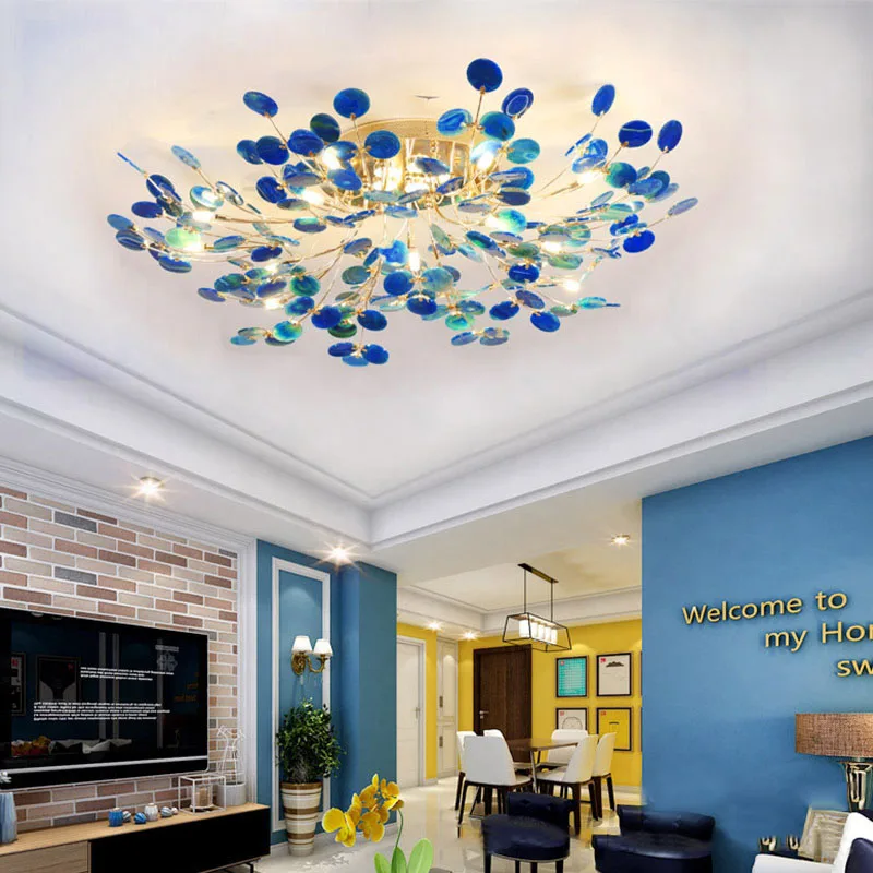 Agate Ceiling Chandeliers Nordic Modern Led Light Colorful Green Leaves Lamp For Foyer Bedroom Bar Living Room Lighting Fixture