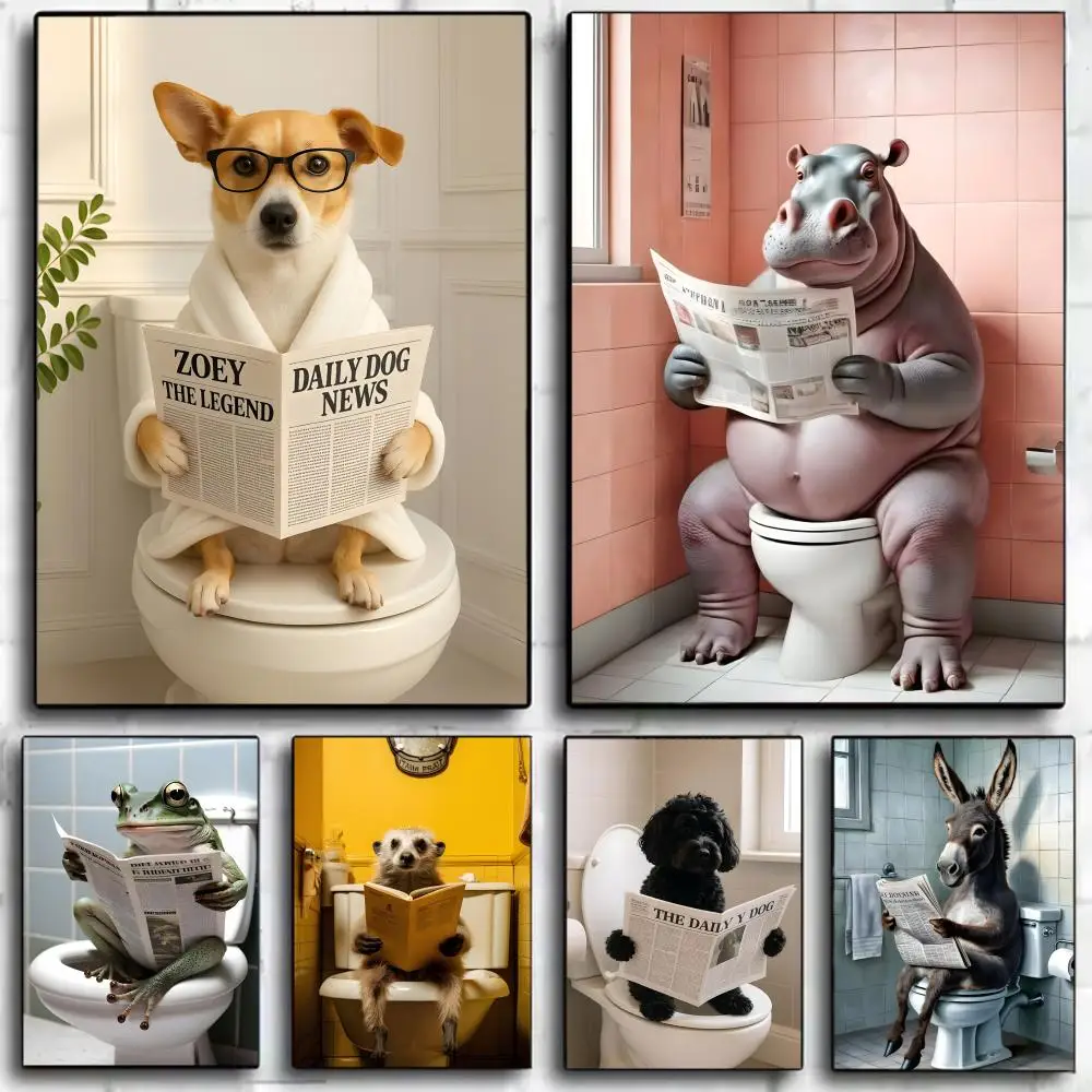 1PC Funny Bathroom Animals Reading Books Humorous Poster Canvas Wall Art Print Poster Decorative Mural Home Decor Gift Unframed