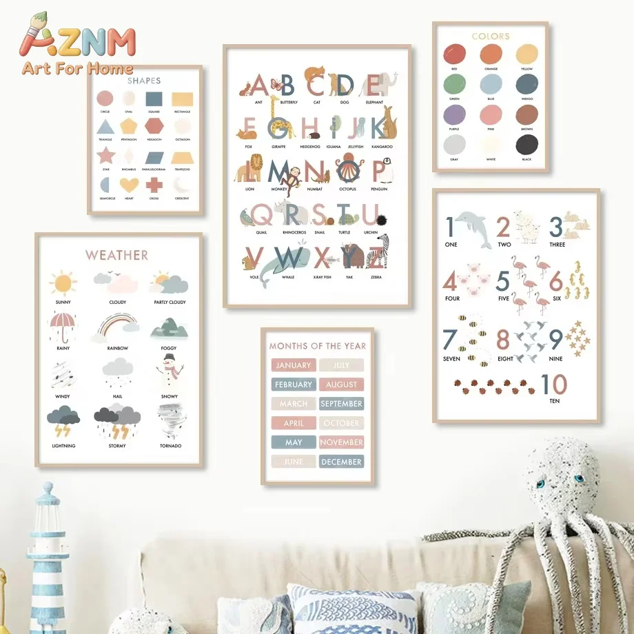 1PC Canvas Painting and Prints Wall Pictures Educational Poster Numbers Alphabet Weather Colors Shapes Wall Art
