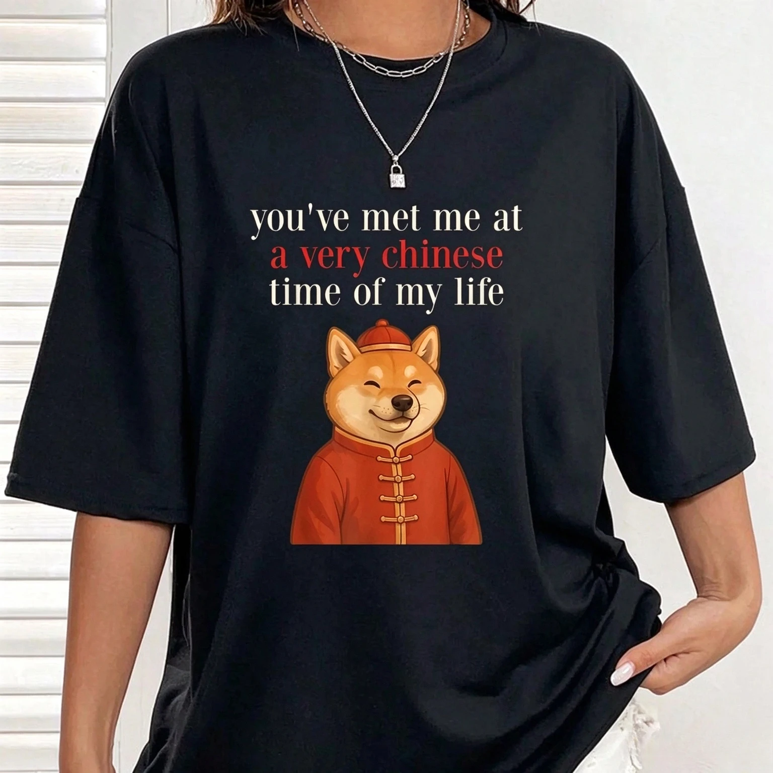 You've Met Me At A Very Chinese Time of My Life T Shirt Cheems Shiba Inu Chinese Tang Suit Graphic Tee Viral Meme Casual