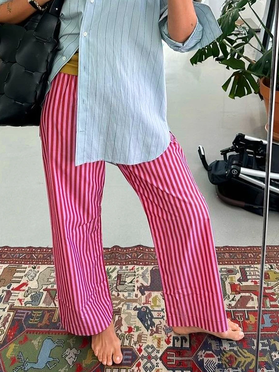 

Women Y2k Stripe Print Long Pants High Elastic Waist Casual Loose Fit Wide Leg Pajama Pants with Pockets