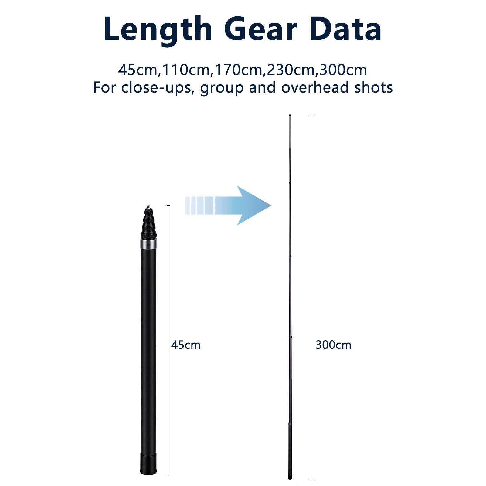 Selfie Stick 3 Meters Carbon  Extension Pole Lightweight 45-300cm / 17.72-118.11in 5 Adjustable Lengths for Action Camera
