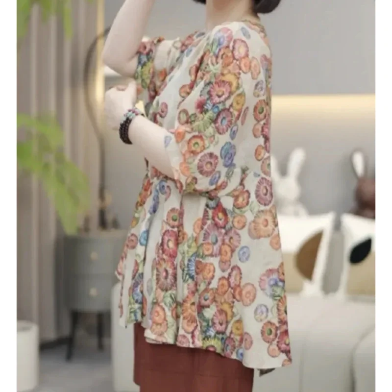 Women's Summer Vintage Floral Print Chic Blouse Casual V Neck Short Sleeve Shirt Ruffled Loose Irregular Womens Tops Blouses