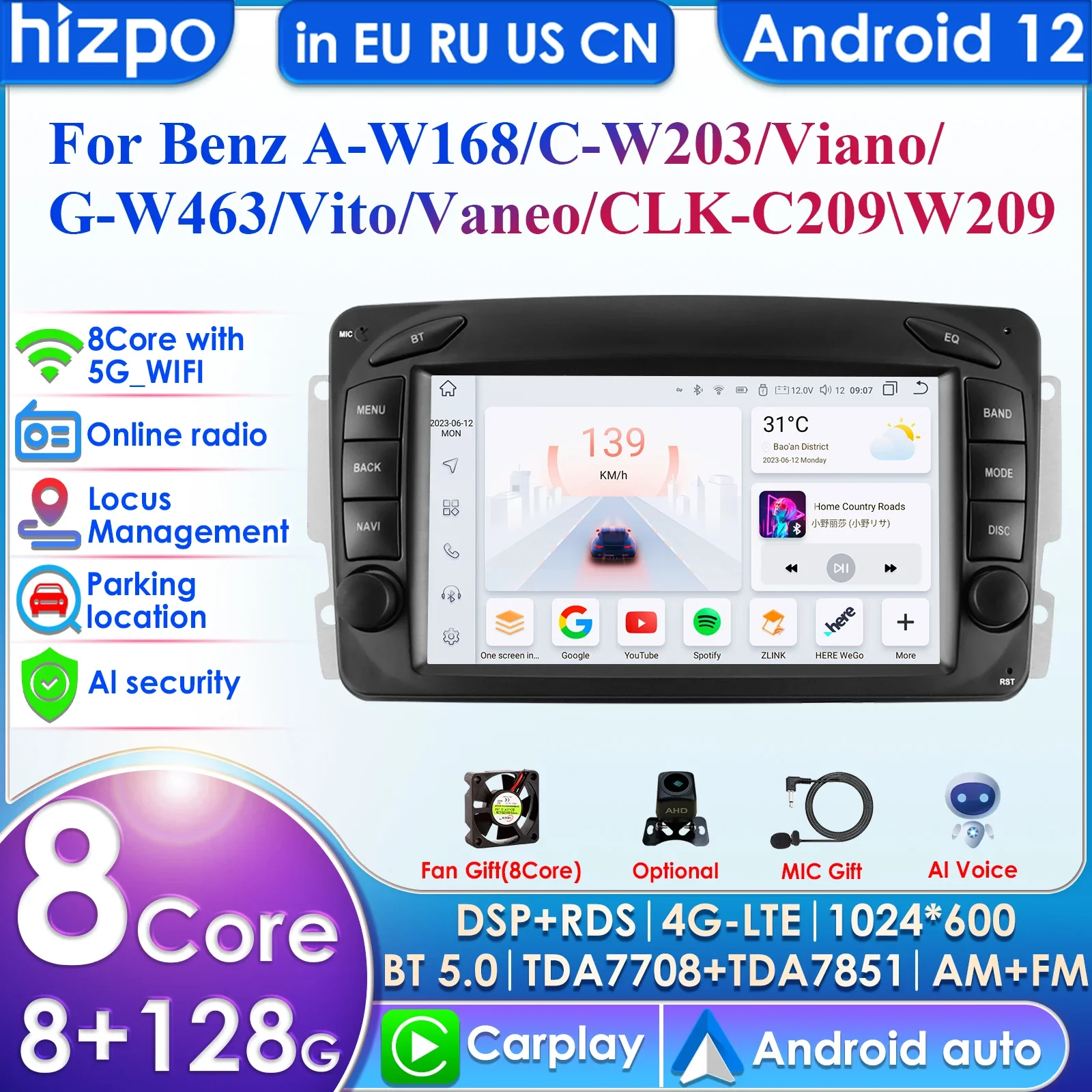 

7inch 7862 AI 2din Android 13 Car Radio Multimedia Video Player for Mercedes Benz CLK W209 W203 W463 W168 Nav GPS Carplay 4G RDS