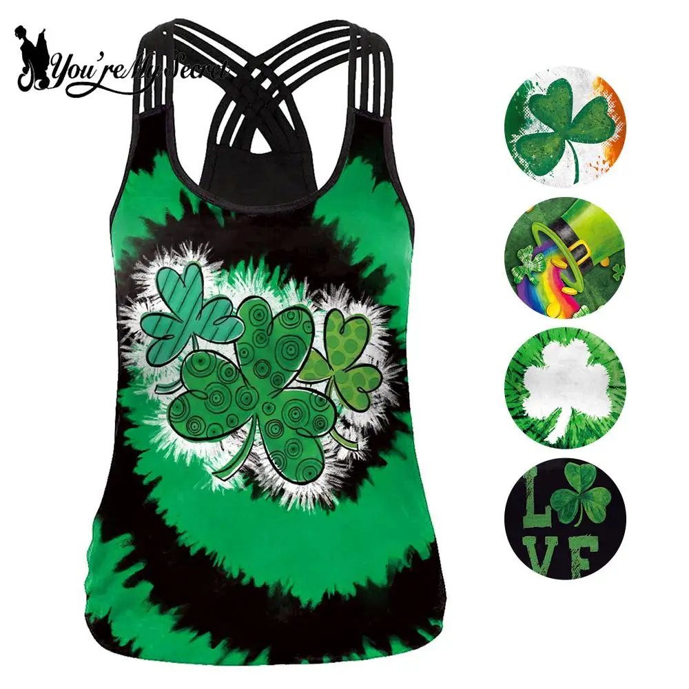 [You're My Secret] Women Tank Tops  Green Lucky Clover Print Hollow Out Sleeveless Vest Streetwear Vest T-Shirt