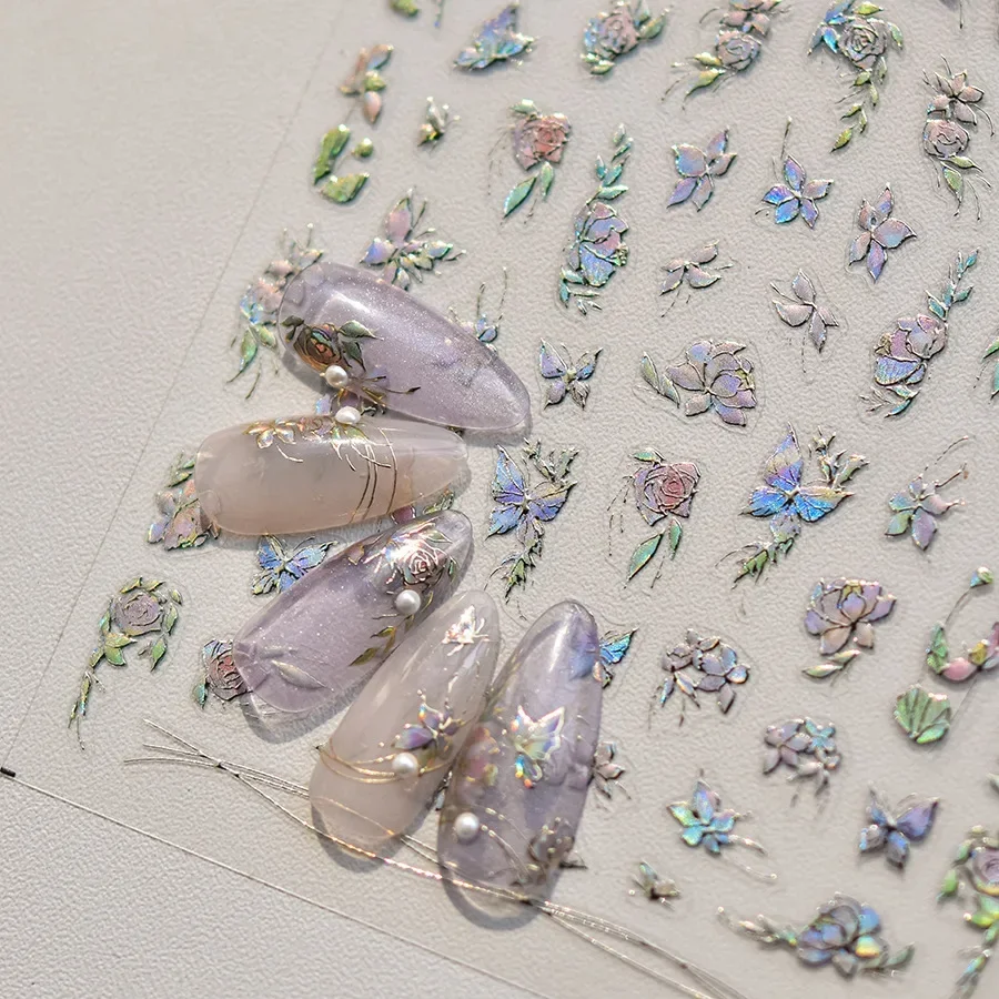 Pink White Butterfly Flower Peach Blossom Gradient Chic Petal 5D Star Soft Adhesive Nail Art Stickers Decorations Manicure Decal