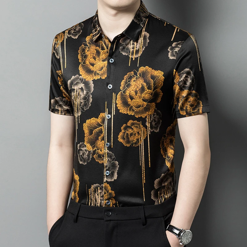 Vintage Floral 3D Print Men Shirt Silk Luxury Short Sleeve Casual Summer Quality Silky Skin-Friendly Fashion Chemise Homme M-3XL