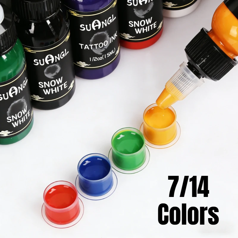 SUANGL 14/7Colors 15ml Large Bottles Tattoo Ink Kit Professional Body Paint Tattoo Kit Easy To Color, Suitable for Beginners