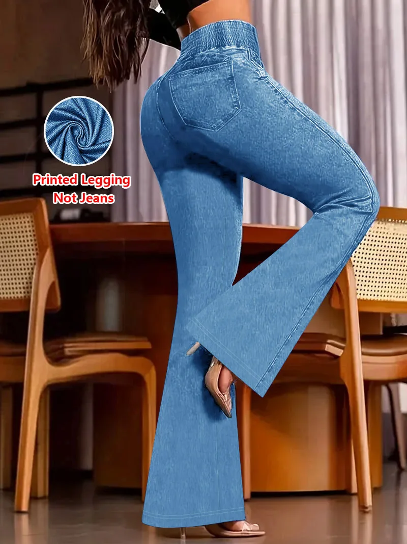 1255  Ladies Non- Denim Floral Print Bell Bottom Pants Texture-Free Simulation Denim Four Seasons Wearable Long Trousers