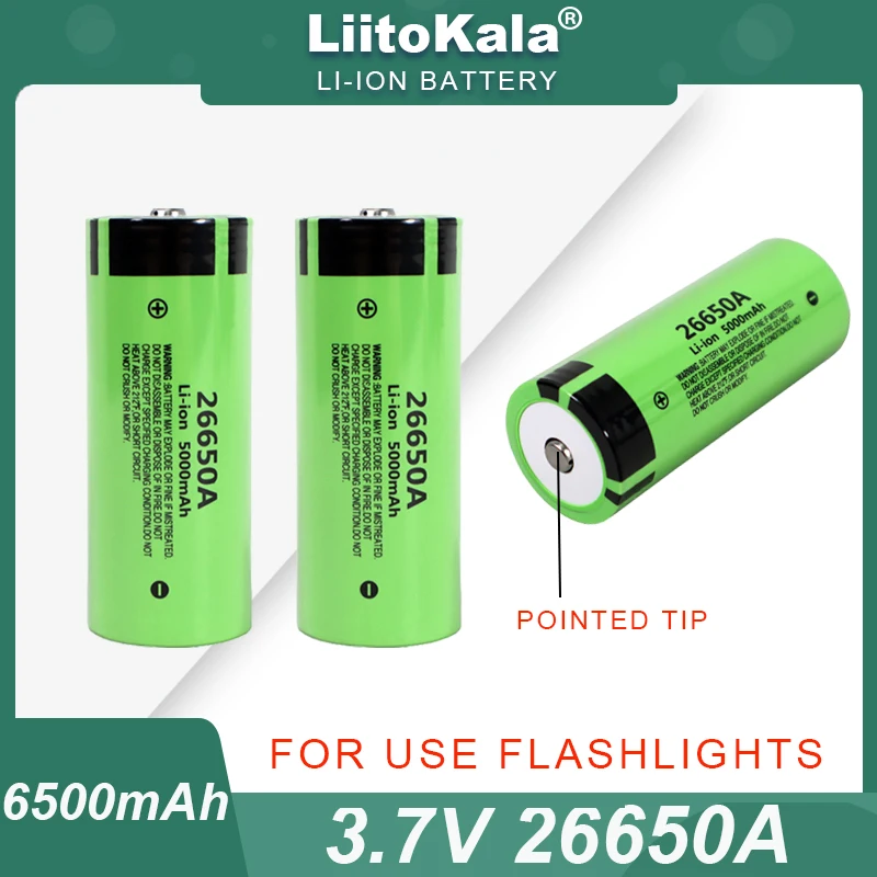 LiitoKala New 3.7V 26650A 5000mA Li-ion Battery Rechargeable batteries Discharger 20A Power battery+Pointed Tip for Flashlight