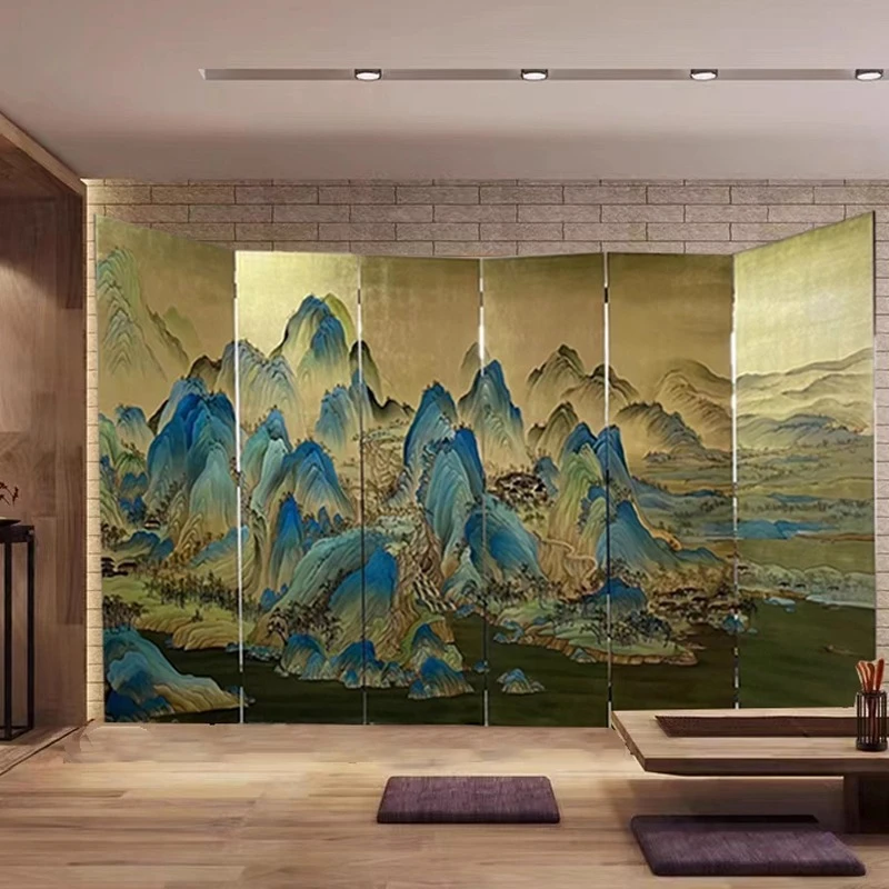 

Hand-painted thousands of miles of rivers and mountains, gold foil screen lacquer painting, folding screen mobile tea room
