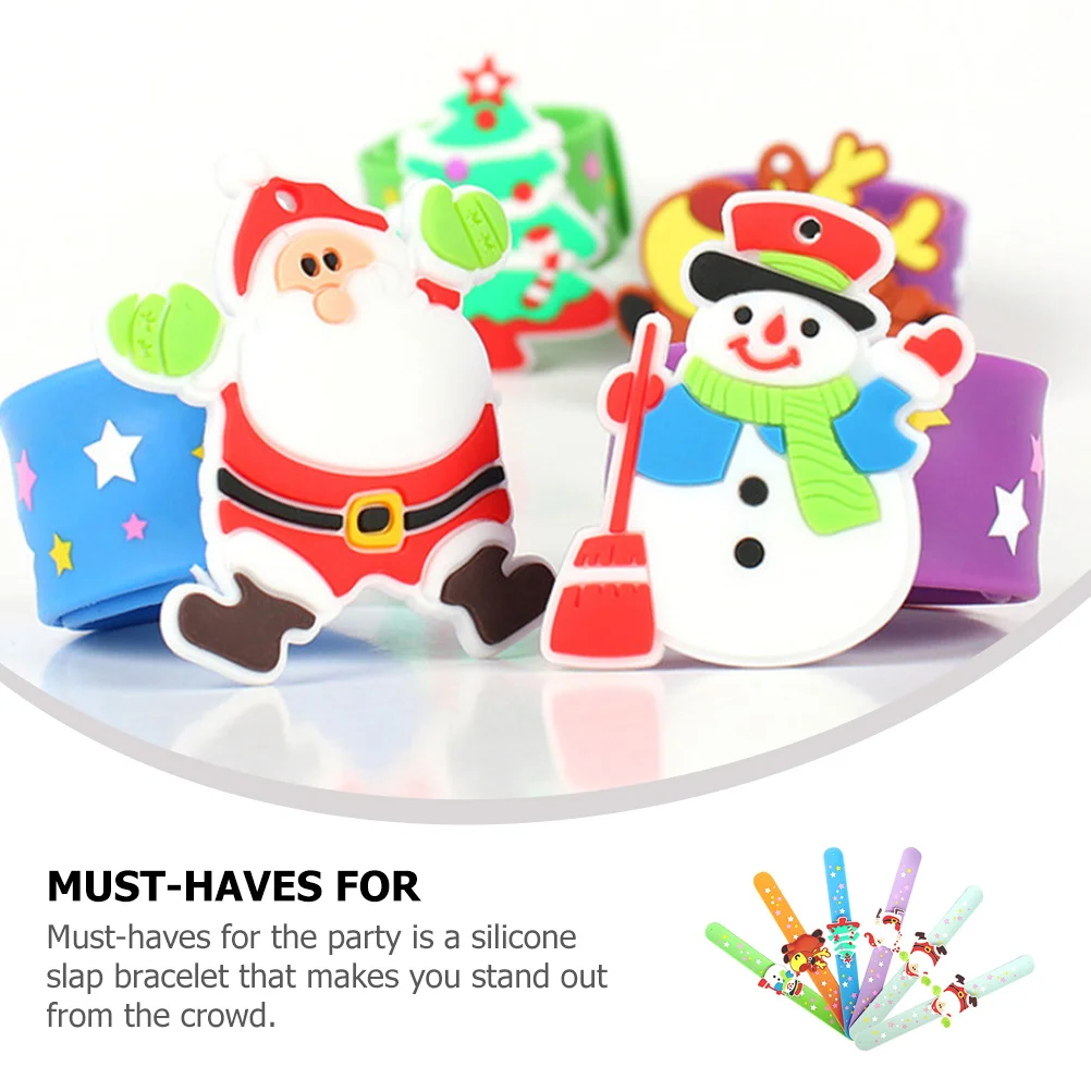 

6Pcs Festive Christmas Silicone Slap Bracelets Cartoon Wristbands for Holiday Parties