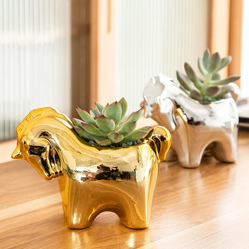 Cartoon Electroplated Golden Ceramic Fleshy Flower Pot Artware Office Desktop Decor Planter Home Garden