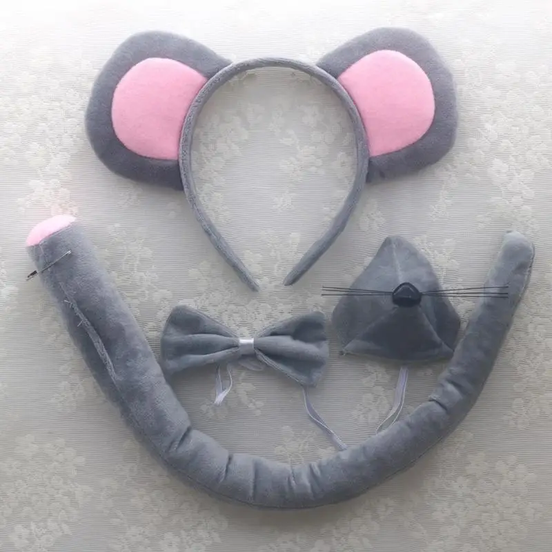 77HE Halloween Mouse Costume Set Mouse Ears Headband Bow Tail Skirt Nose Gloves