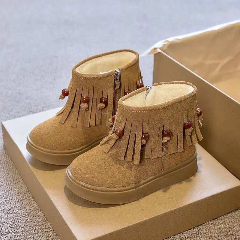 

Зимние непромокаемые ботильоны для девочек с бахромой, короткие сапоги из натуральной кожи с мехом для детей, нескользящая модная детская обувь