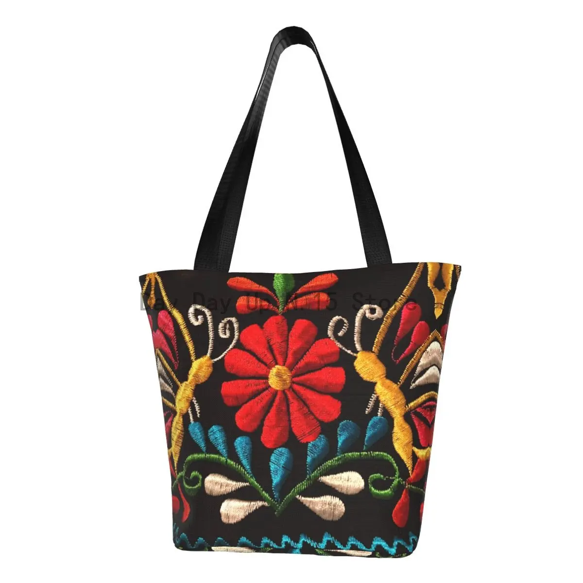 

Mexican Butterflies Groceries Shopping Bags Print Canvas Shopper Shoulder Tote Bag Big Capacity Colorful Embroidery Handbag