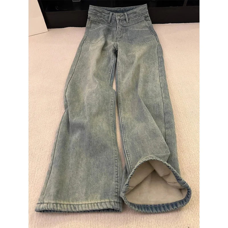 하이웨이스트 데님 팬츠 여성용 겨울철 하이웨이스트 와이드 레그 기모 스트레이트 여성용 배형 슬림 핏 데님 팬츠 청바지 데님 팬츠