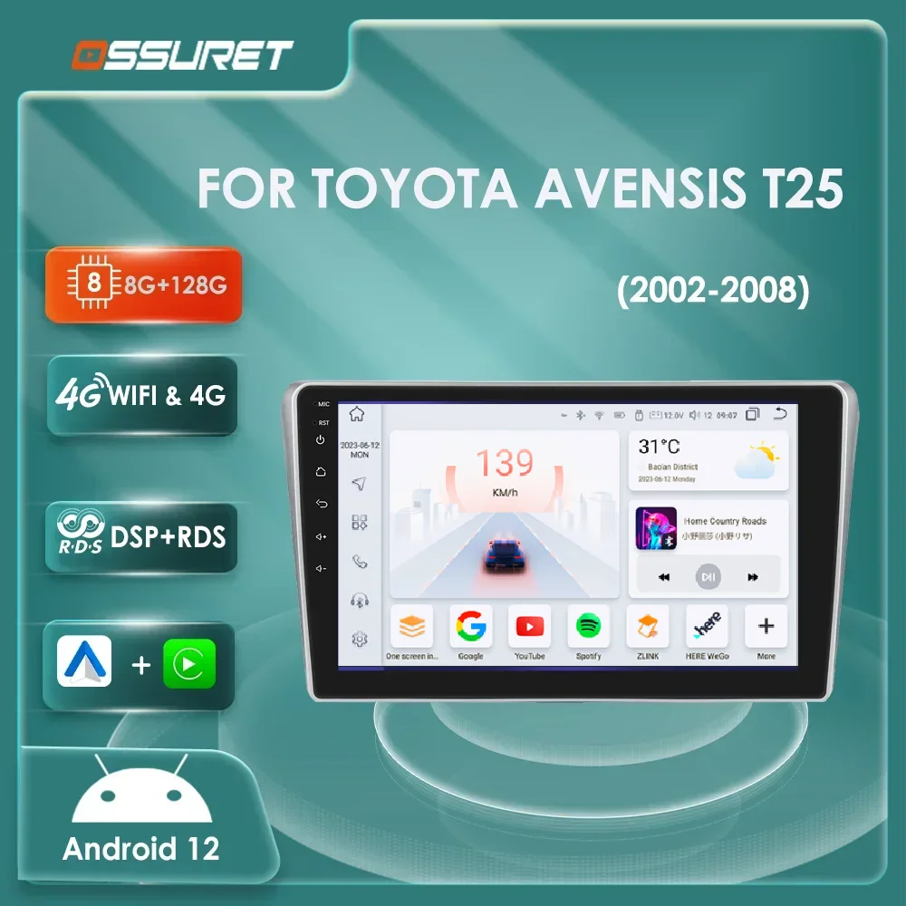 

4G Carplay Android Autoradio for Toyota Avensis T25 2002-2008 Multimedia player GPS navi Stereo Audio 7862 Head Unit 2din Screen
