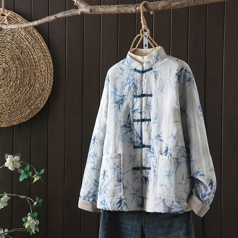 

Высококачественная универсальная утепленная хлопковая куртка с китайским воротником и пуговицами в стиле дзен, модная женская верхняя одежда