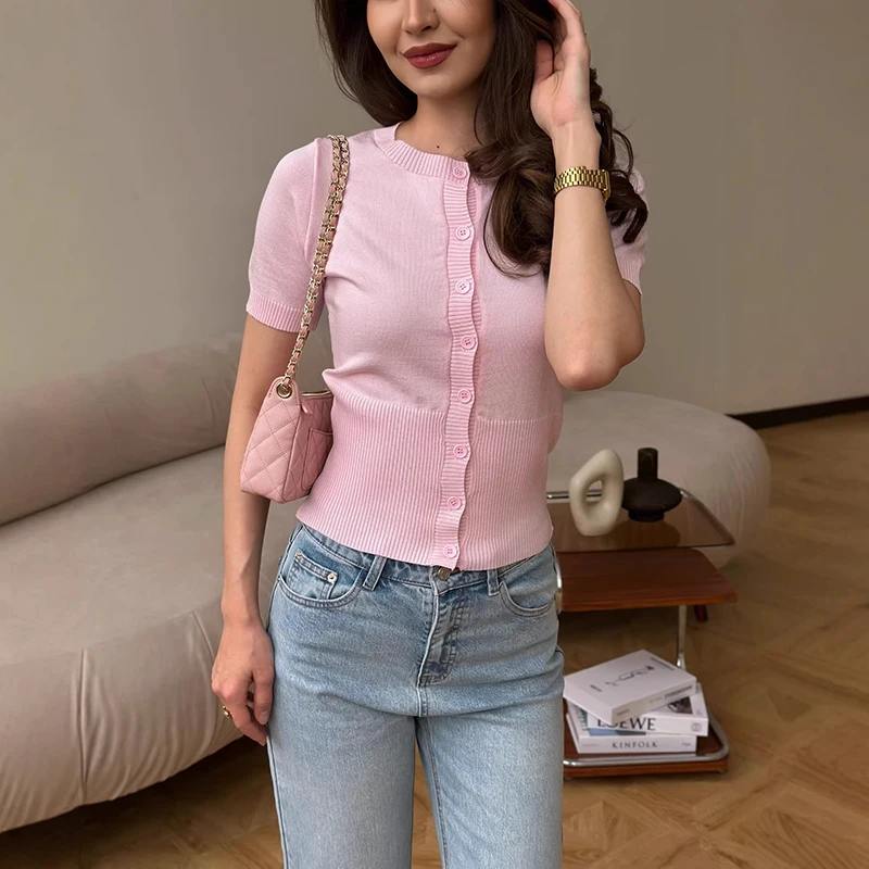 

Tornova Short Sleeve Knitted T shirt For Women Slim Single Breasted O neck Commuting Casual Sweater Top Solid 2026 New Ins Hot