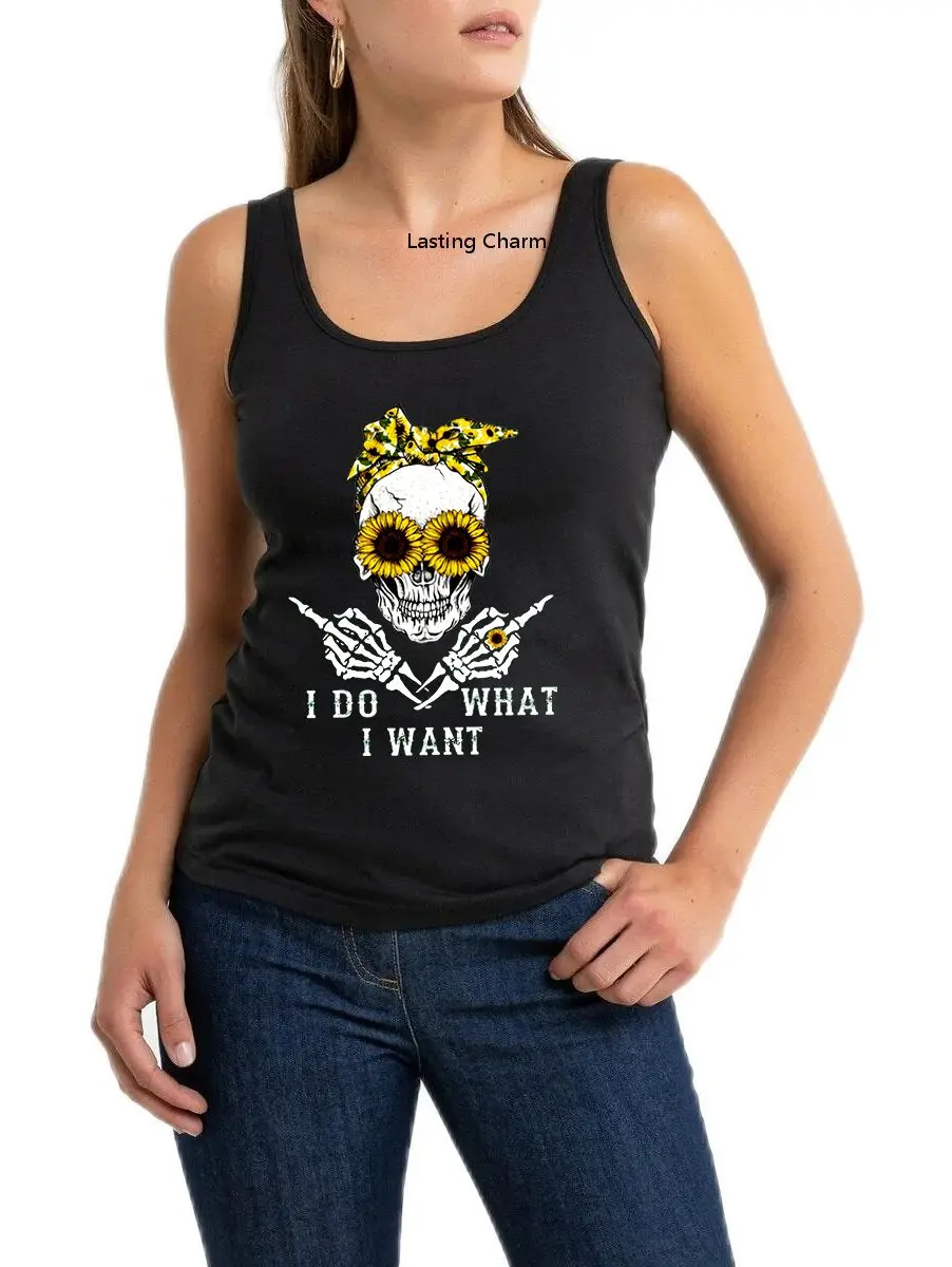 

I Do What I Want Sunflower Skull Print Tank Top Harajuku Fashion Breathable Slim Sleeveless Tops Funny Graphic Vest