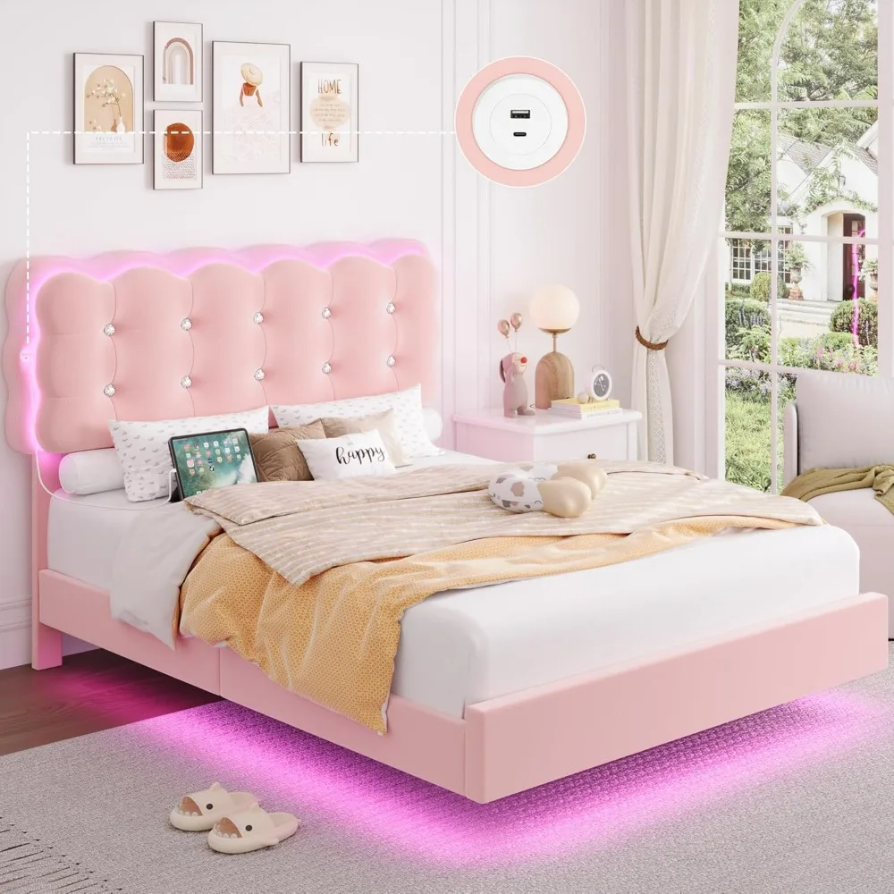 

Upholstered Full Size LED Bed Frame Crystal Button-Tufted Puffs Headboard, Velvet Princess Floating Platform Bed Frames