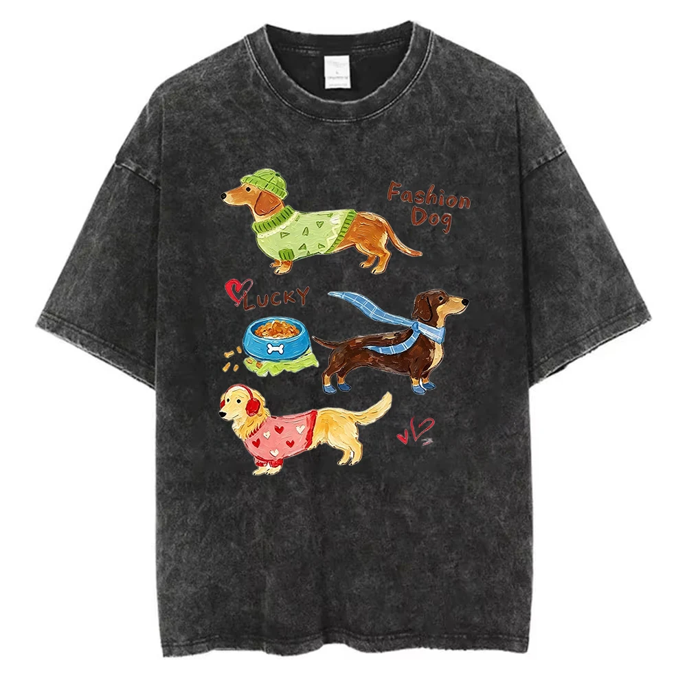 Dackel-Hund Grafik-T-Shirt für Damen Cartoon-Welpen-Print Vintage Harajuku Streetwear Lässiges Kurzarm-Unisex-Oberteil