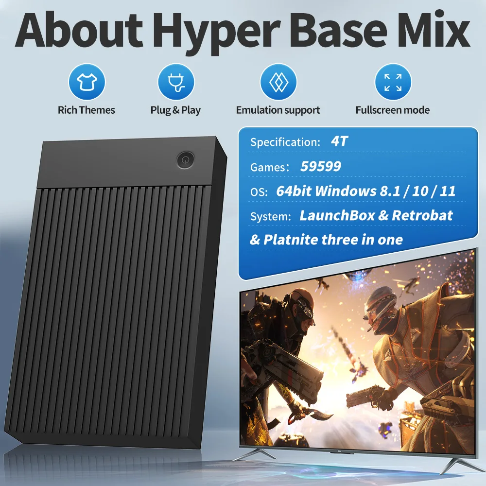 4TB Portable Game External HDD with 59599 Games Pre-set Launchbox&Playnite&Retrobat Game Console for PS4/PS3/PS2/Switch/Wii/WiiU