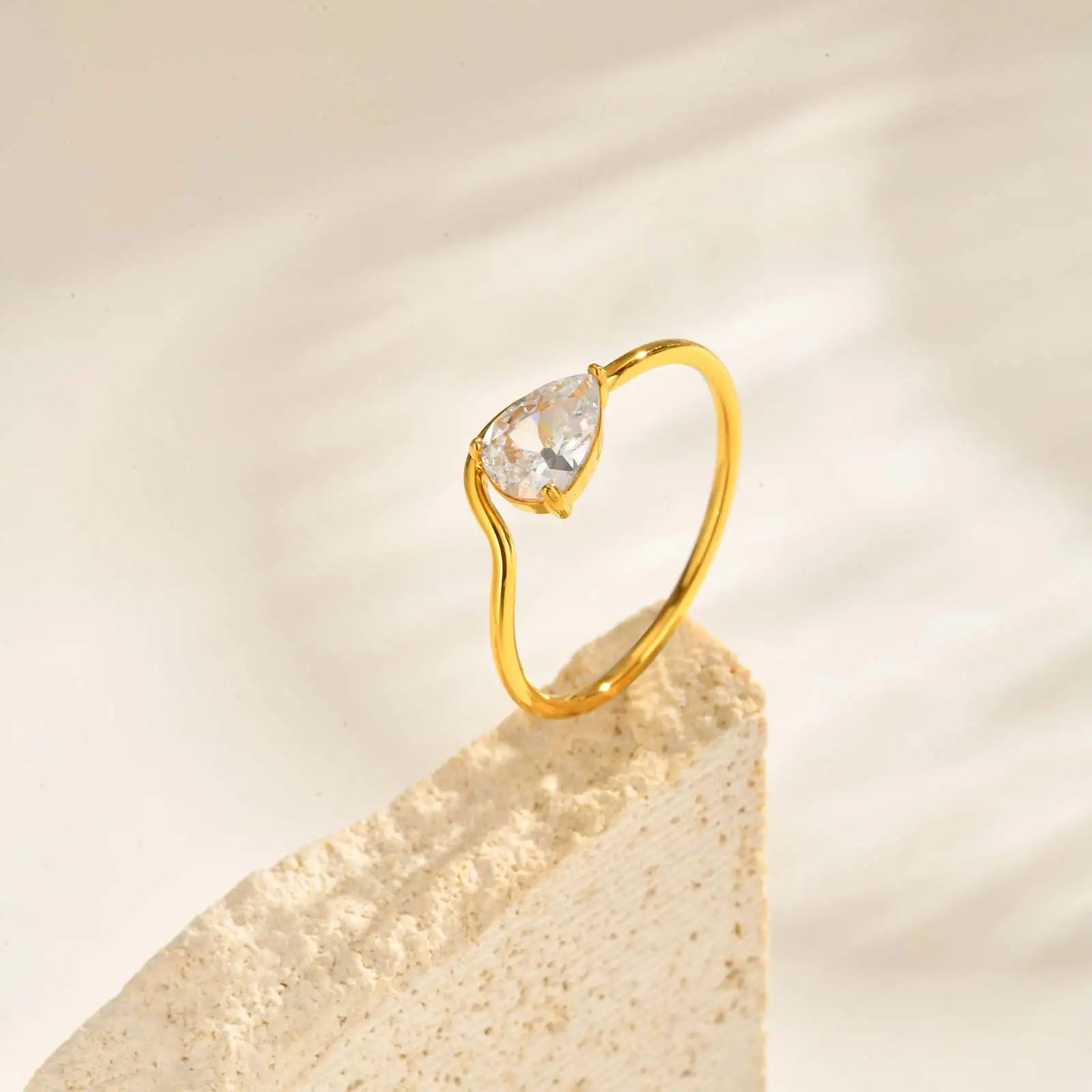 

Chic White Water Drop Zircon Geometric Ring for Women,Gold Color Stainless Steel Engagement Rings,Fashion Jewelry Gifts