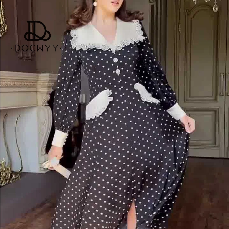 Elegant Party Dresses 2024 Newlace Lace Doll Collar Slim Fit Polka Dot Printed Dress Evening Dress Long Dresses Woman Clothing