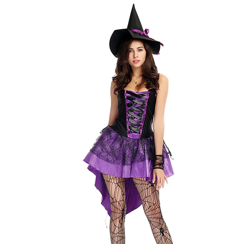 Carnival Halloween Lady Purple Elegant Witch Costume Cute Tuxedo Magic Sorceress Playsuit Cosplay Fancy Party Dress