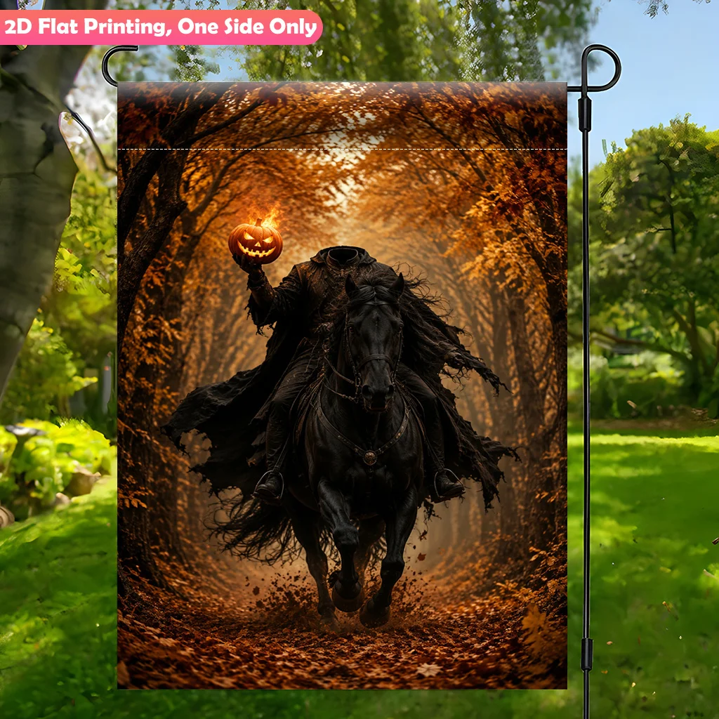 2D Flat Garden Flag 1 Piece, Headless Rider Black Horse Pumpkin Lantern Single-sided Printed Garden Flag, Durable Polyester Outdoor Garden Decoration, Suitable for Garden and Terrace Decoration, Scene Decoration, Celebration Arrangement,