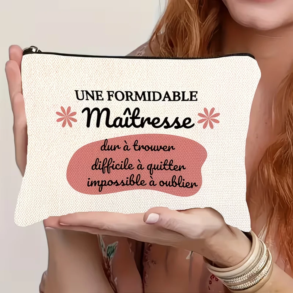 Charming Teacher Appreciation Makeup Bag, Lightweight Foldable Zipper Pouch with French 