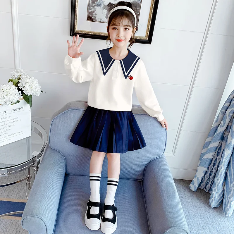 

2022 Spring Kids Clothing Set Baby Girls Sailor Collar Top and Skirt Children Casual Summer Hoodies T-Shirt Dress Set