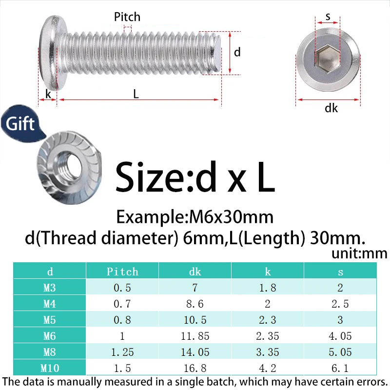 Stainless Steel Chamfered Hex Socket Screws with Flange Nut Assortment Kit M3~M12 Allen Beveled Edge Furniture Connecting Bolts