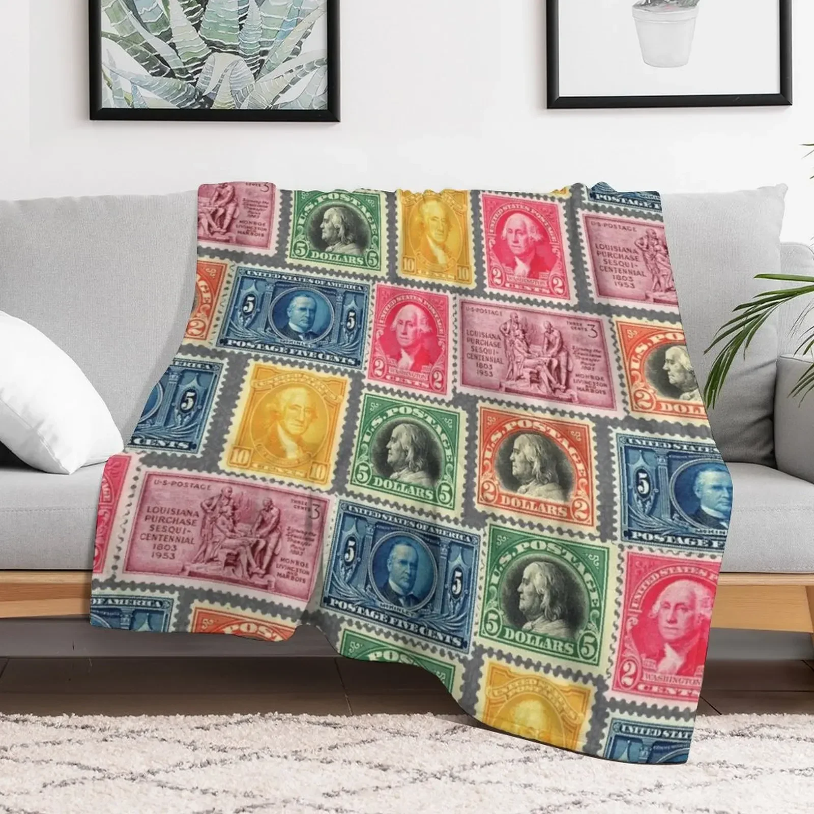 US Postage Stamp Collage Throw Blanket Designers bed plaid manga Bed covers Blankets