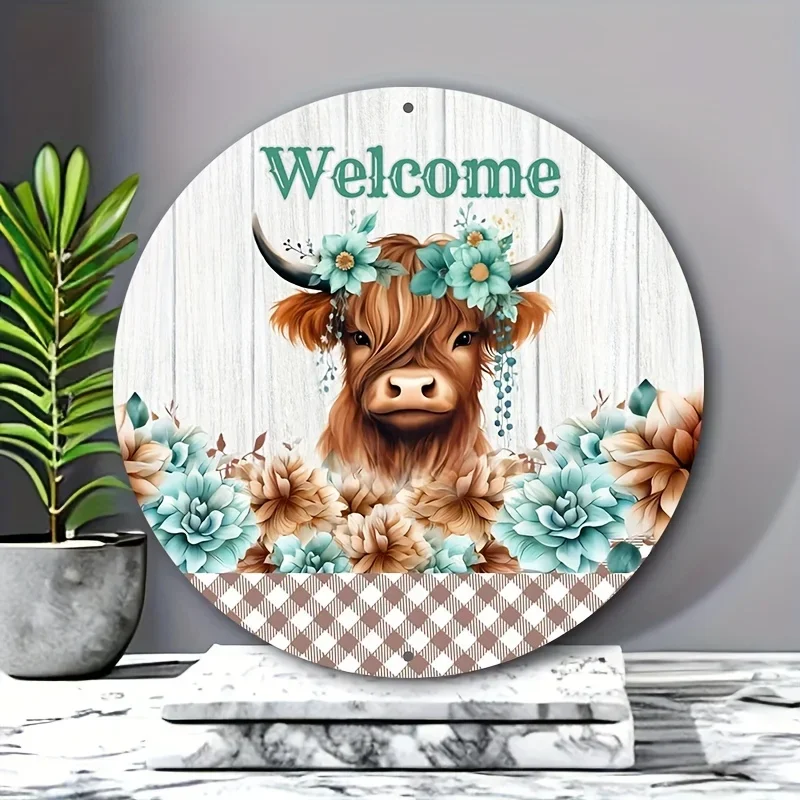 Highland Bull Welcome Sign- Round Aluminum, Country Style Wall Art with Floral Design, Perfect for Halloween, Christmas, Kitchen