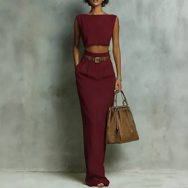 

Летний новый комплект из двух предметов: элегантный женский костюм с высокой талией, топ без рукавов с круглым вырезом и однотонная юбка-миди.